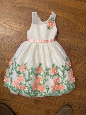 American Princess White Tulle Formal Dress with Pink Floral Appliqués size 5